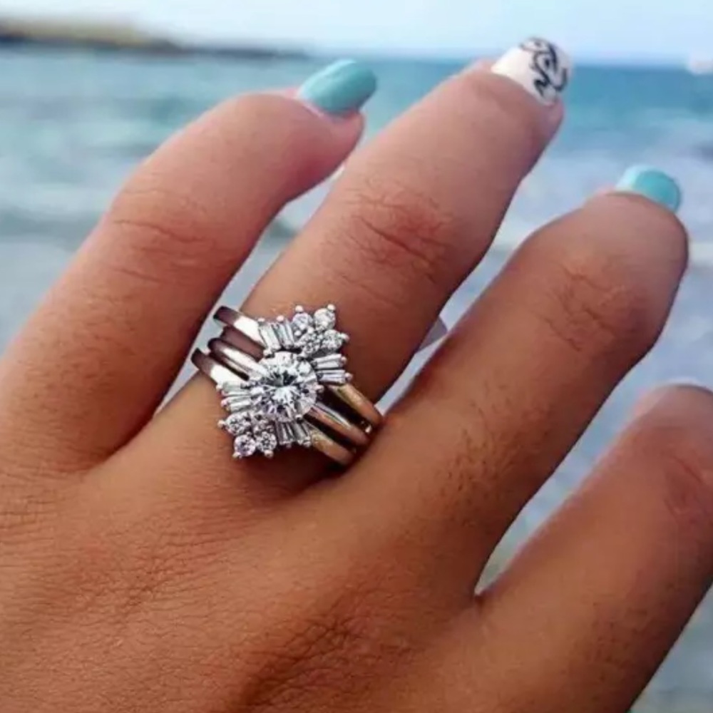 NEW 925 STERLING SILVER DIAMOND THREE LAYER RING - Picture 1 of 2
